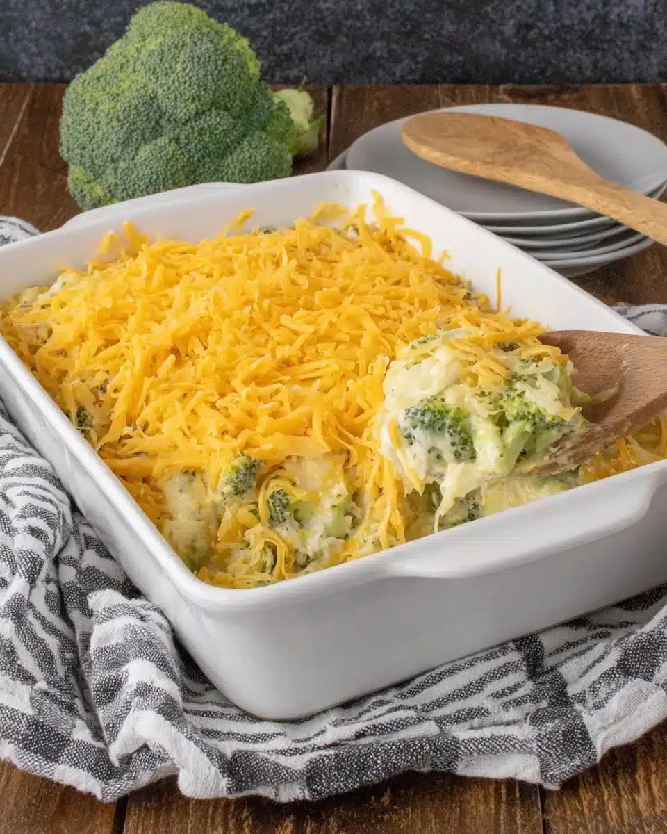 Delicious broccoli casserole with cheese baked to perfection.