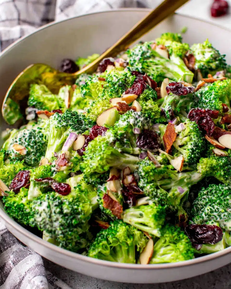 Delicious broccoli salad with bacon and cranberries.