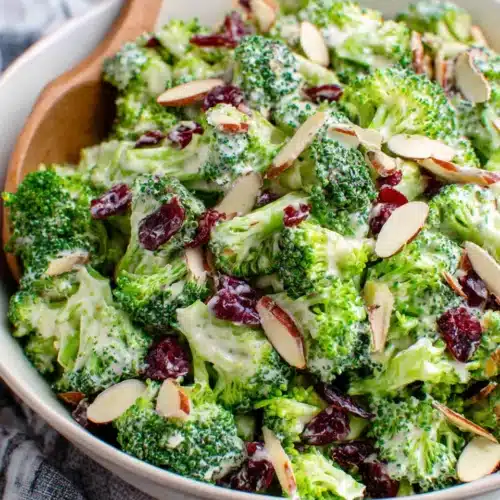 Delicious broccoli salad with bacon and cranberries.