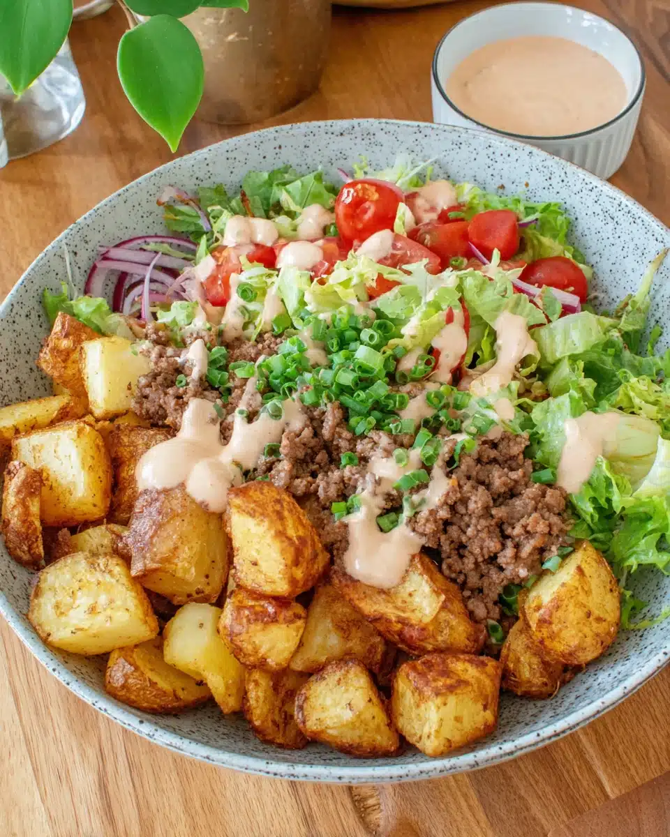 Crispy Burger Bowls with Beef and Toppings Healthy burger bowls with beef, potatoes, and fresh toppings.