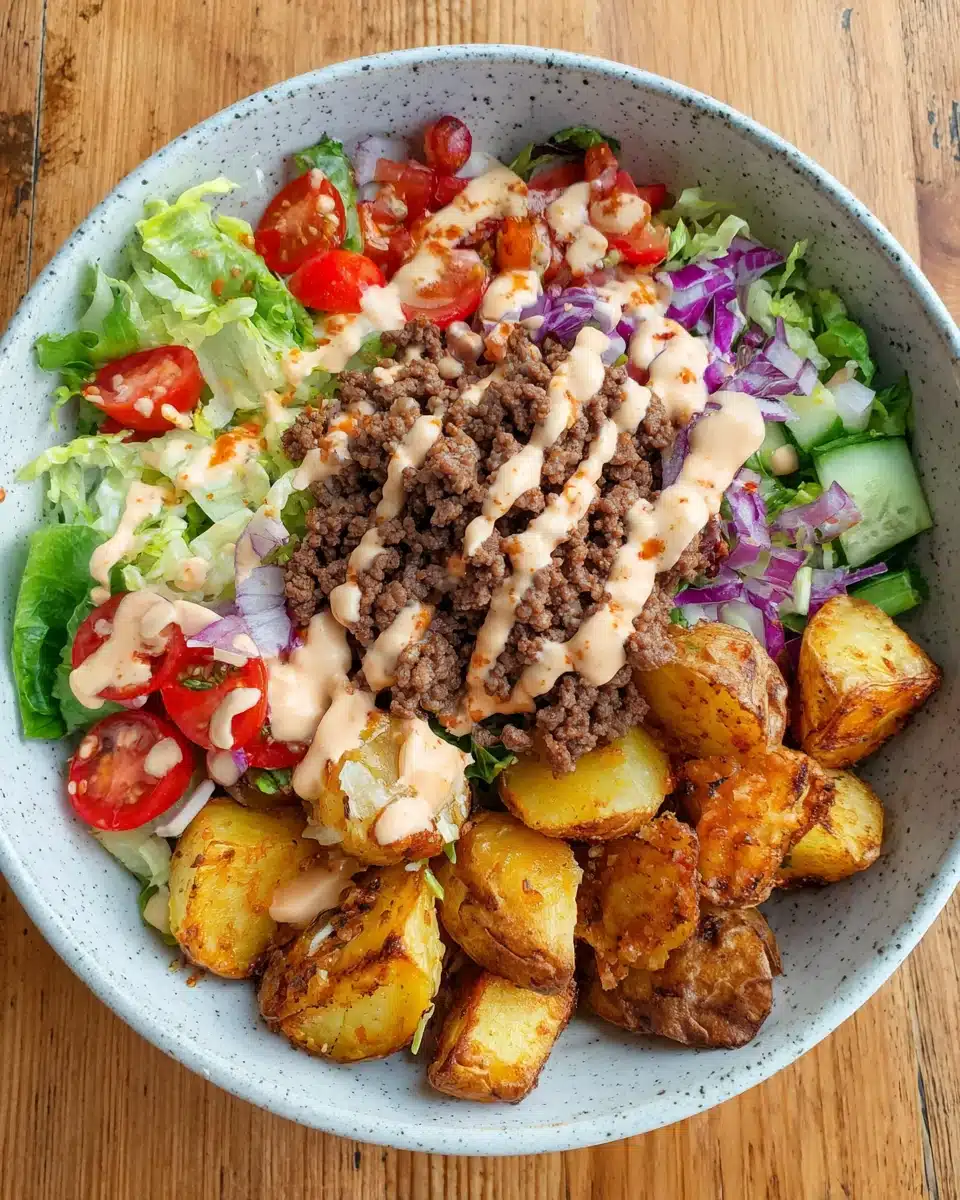 Healthy Burger Bowls with Crispy Potatoes Healthy burger bowls with potatoes, beef, and toppings.