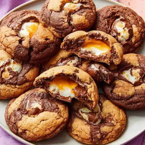 Decadent Cadbury creme egg cookies filled with a gooey center.