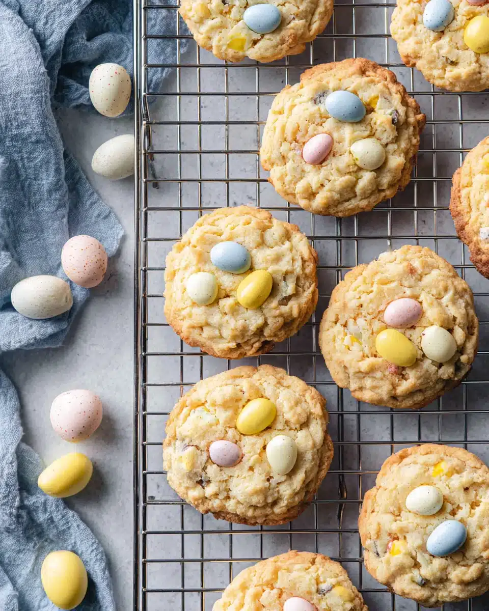 Delicious Cadbury Easter cookies with colorful chocolate eggs.