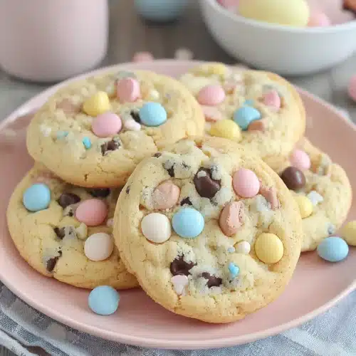 Crispy Cadbury Mini Egg Cookies That Delight! 1 Delicious Cadbury Mini Egg cookies on a pink plate.