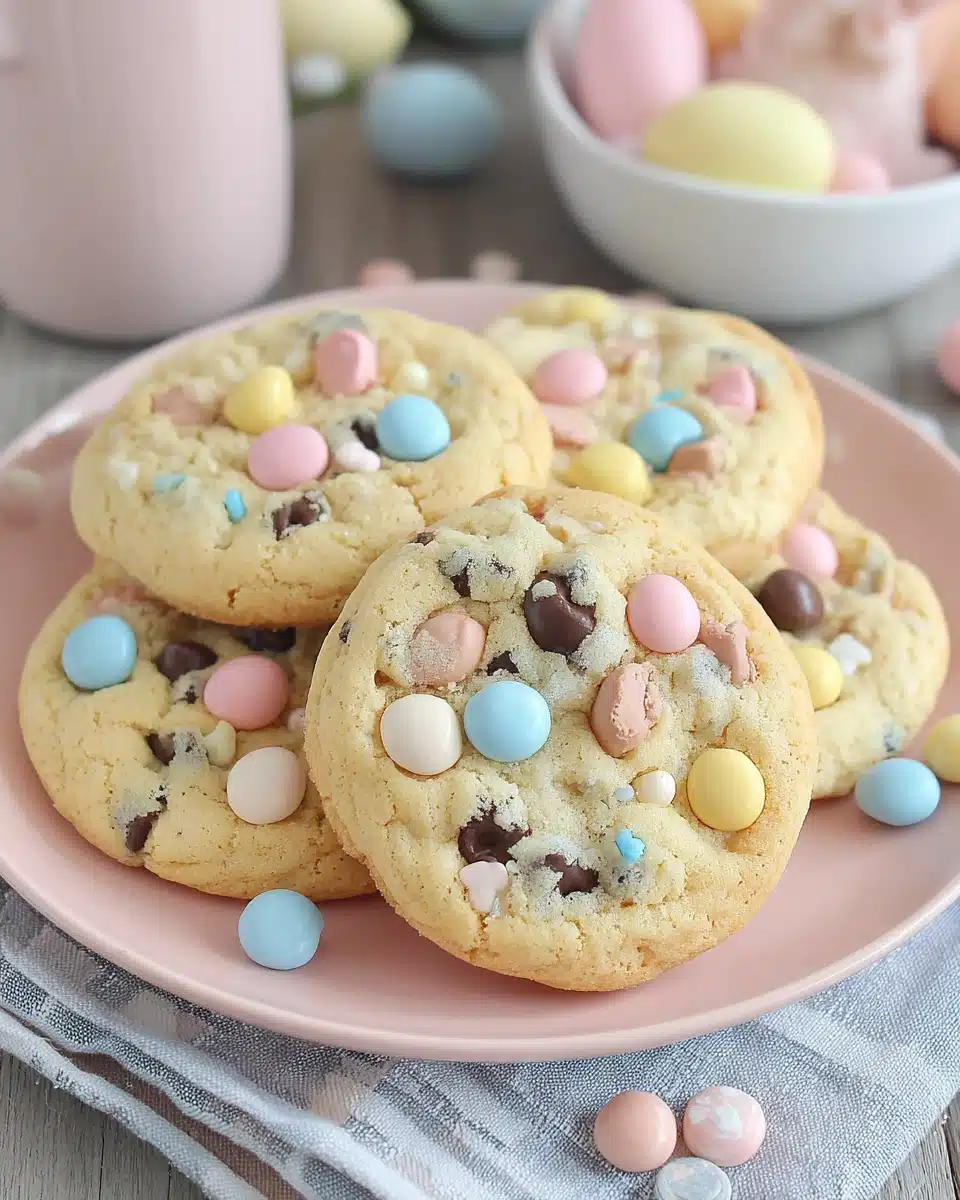 Cadbury Mini Egg Cookies Recipe Delicious Cadbury Mini Egg cookies on a pink plate.
