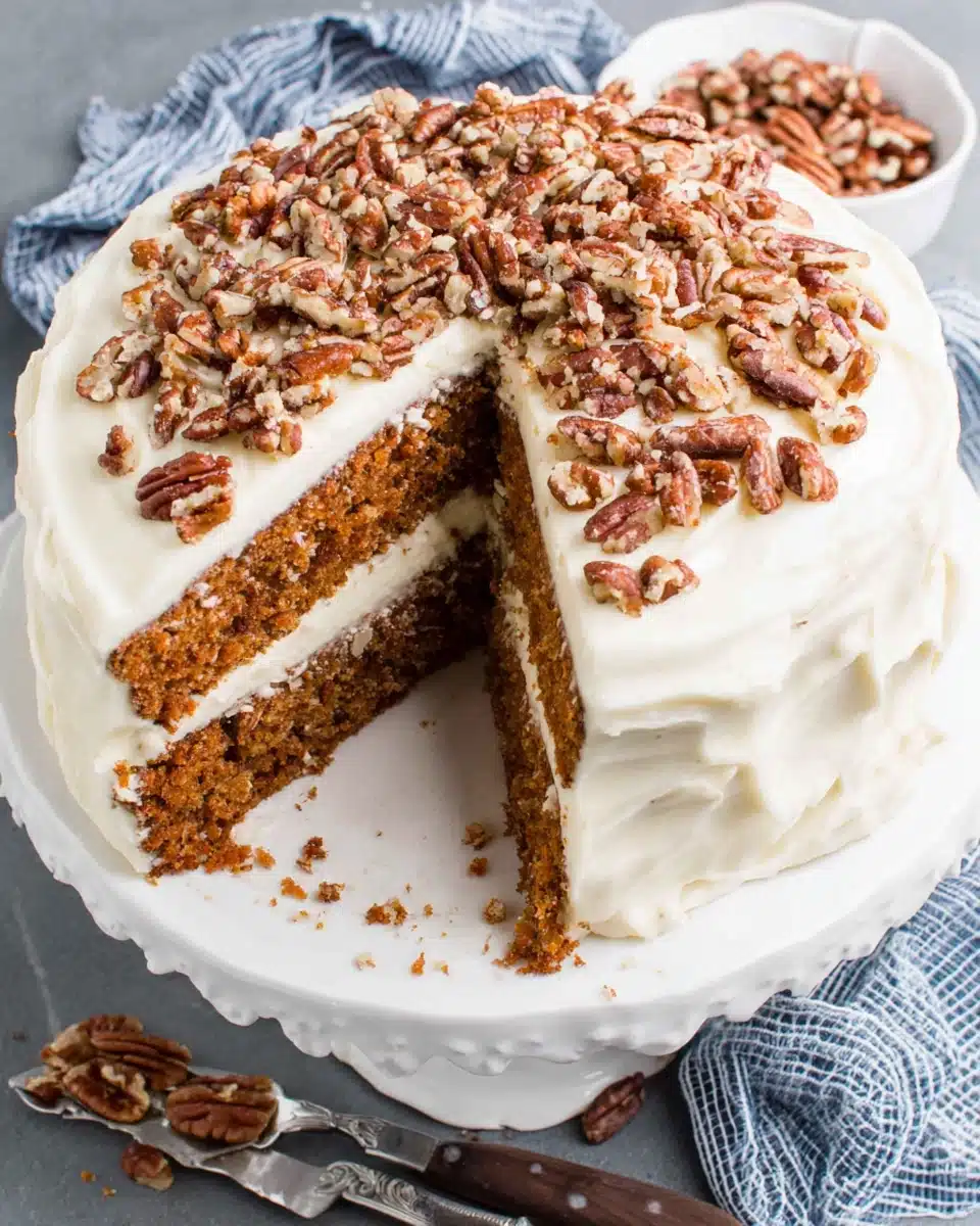 Delicious carrot cake with cream cheese frosting and pecans