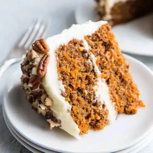 Delicious carrot cake with cream cheese frosting.