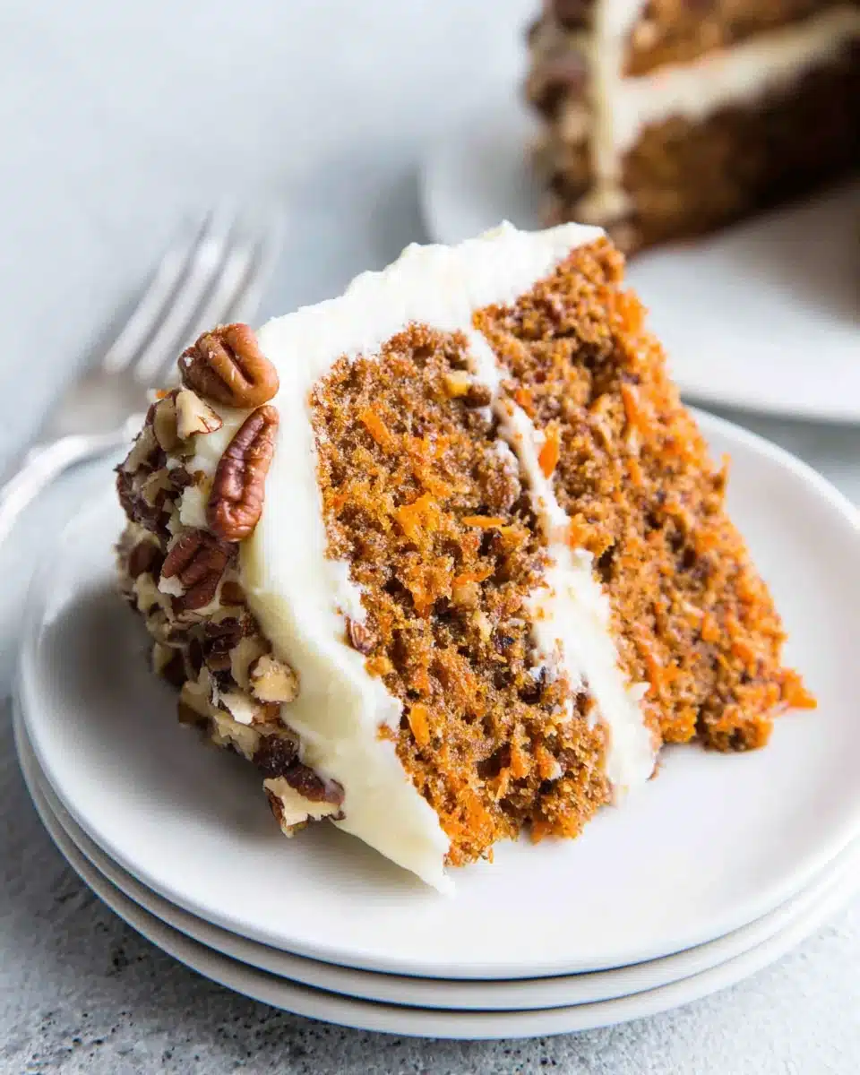 Delicious carrot cake with cream cheese frosting.