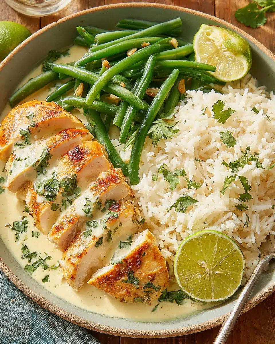 Coconut lime chicken served with green beans and rice.