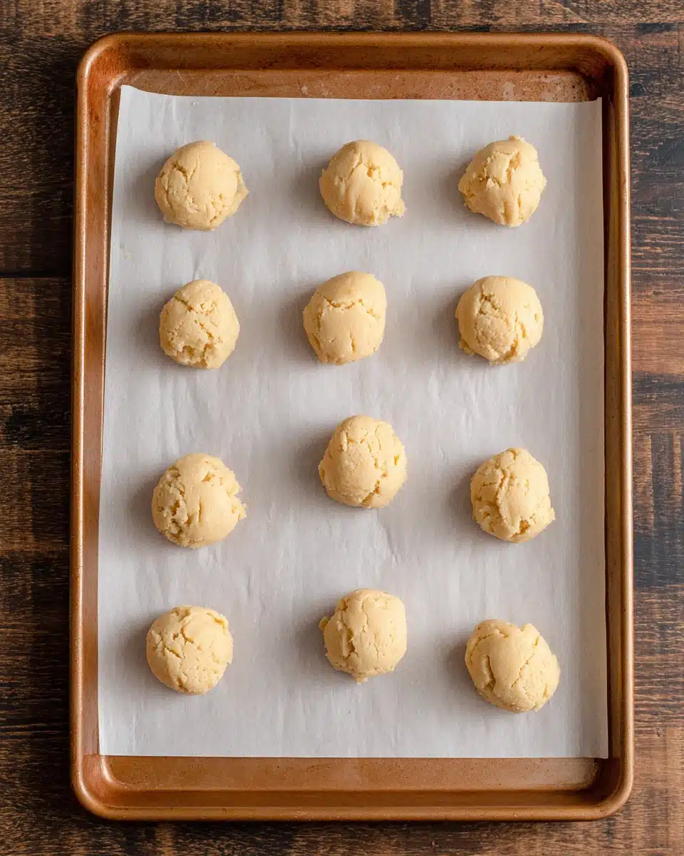 Condensed Milk Cookies Dough Preparation Delicious condensed milk cookies dough on a baking sheet