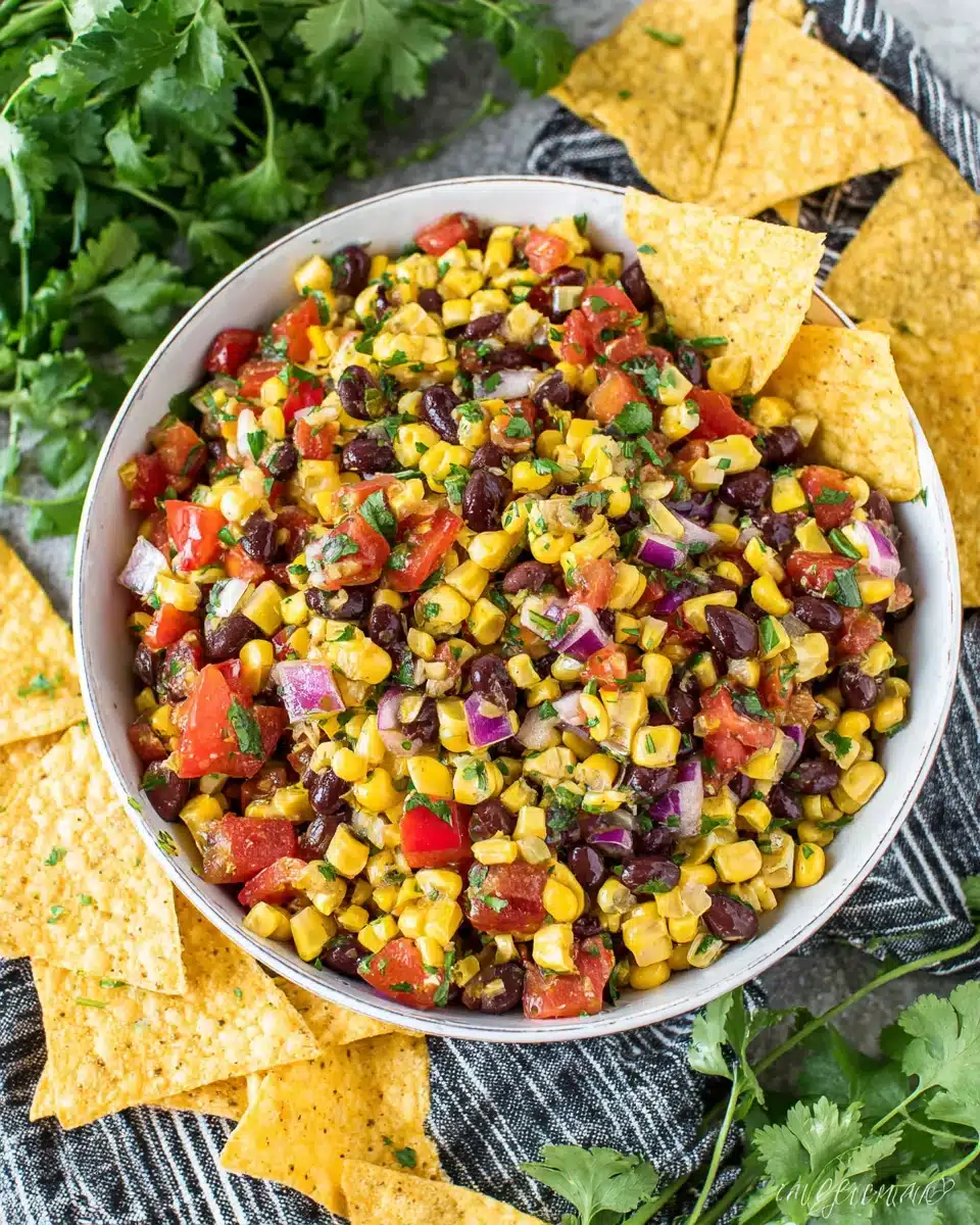 Tasty corn salsa with tortilla chips, a perfect snack.
