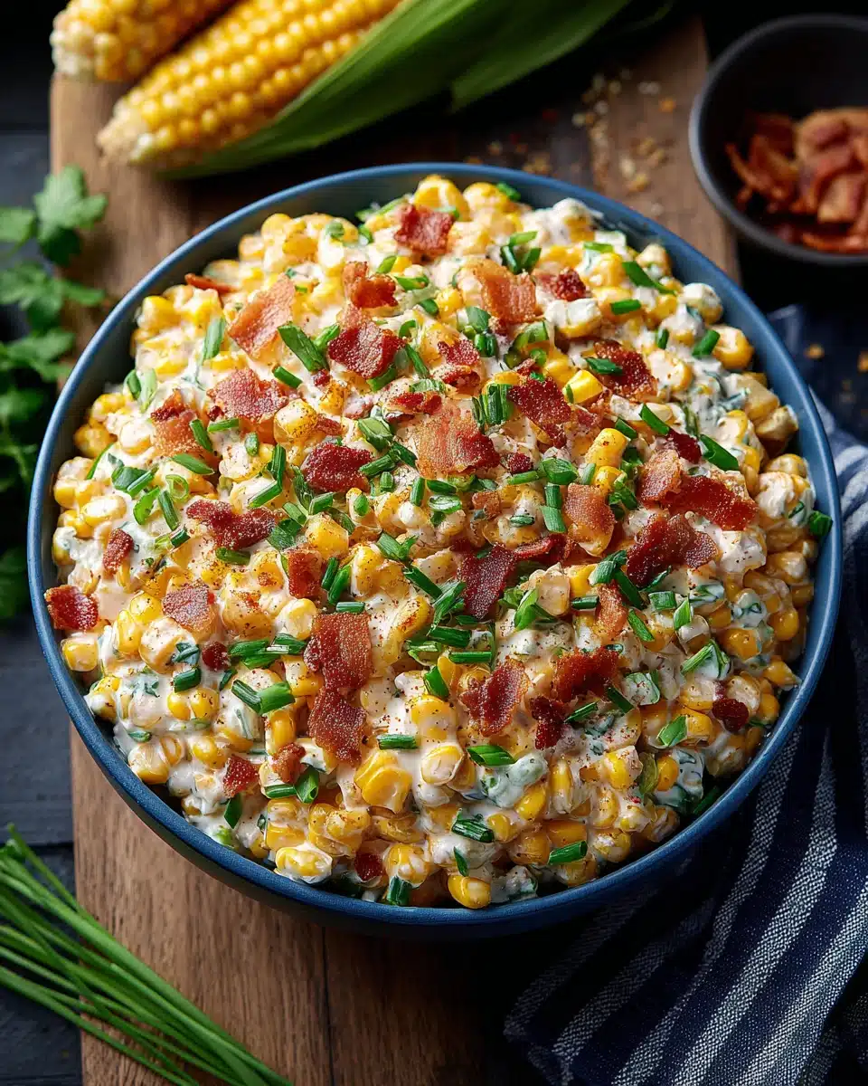 Creamy crack corn salad with bacon and green onions.