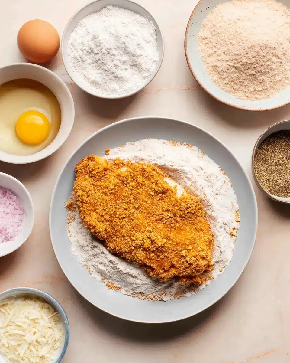 Crispy chicken Milanese ingredients laid out for preparation