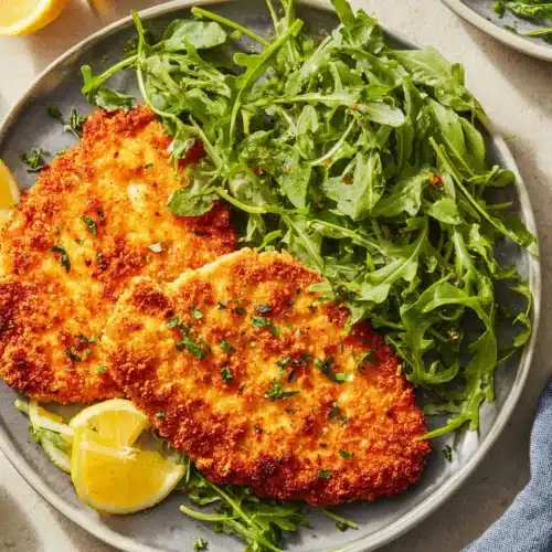 Crispy chicken Milanese with arugula and lemon for a fresh touch.