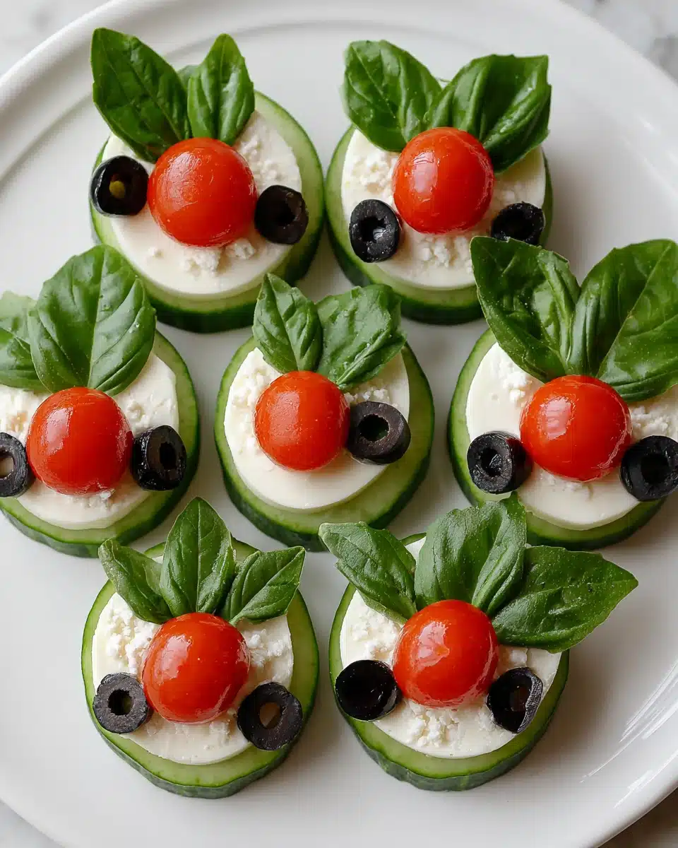 Delicious cucumber bites with cheese, tomatoes, and olives.