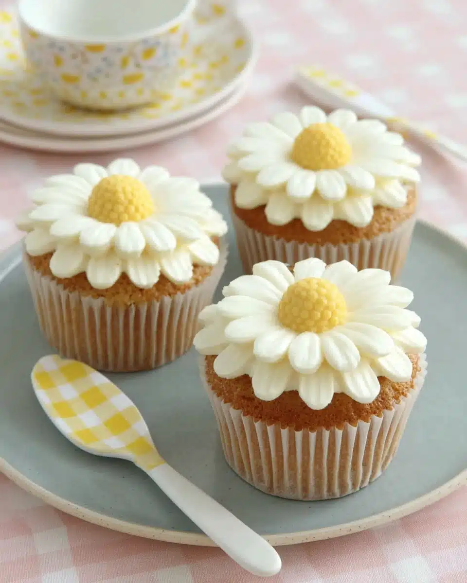 Daisy cupcakes with fluffy vanilla cake and creamy frosting