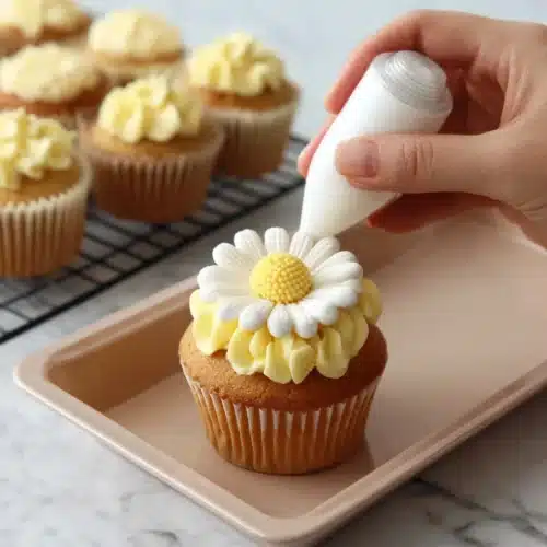 Daisy cupcakes with creamy frosting for spring celebrations.