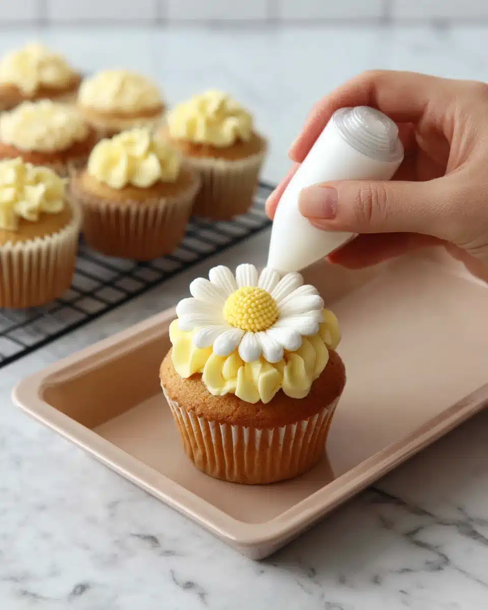 Daisy cupcakes with creamy frosting for spring celebrations.