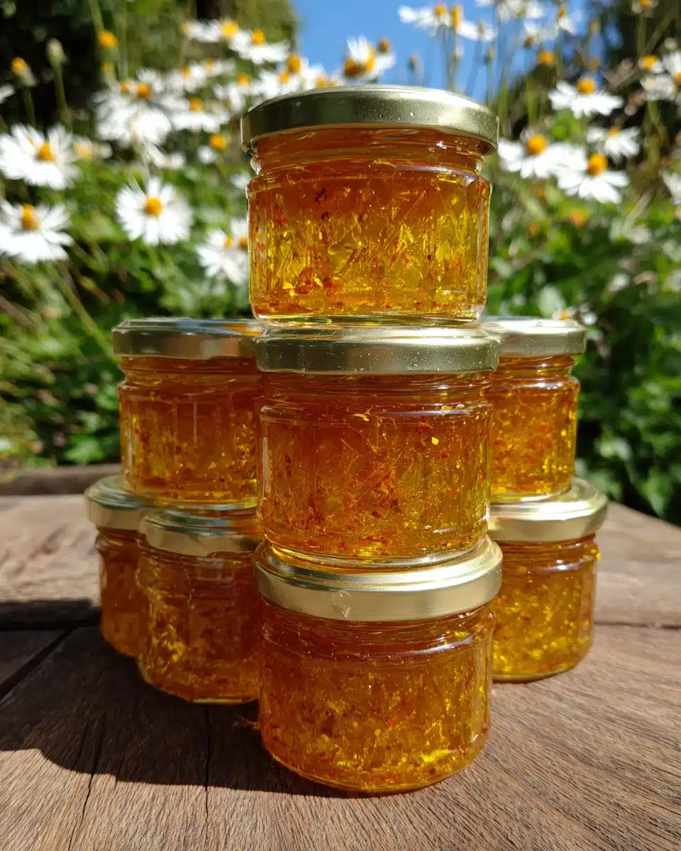 Dandelion jam jars glowing in sunlight.