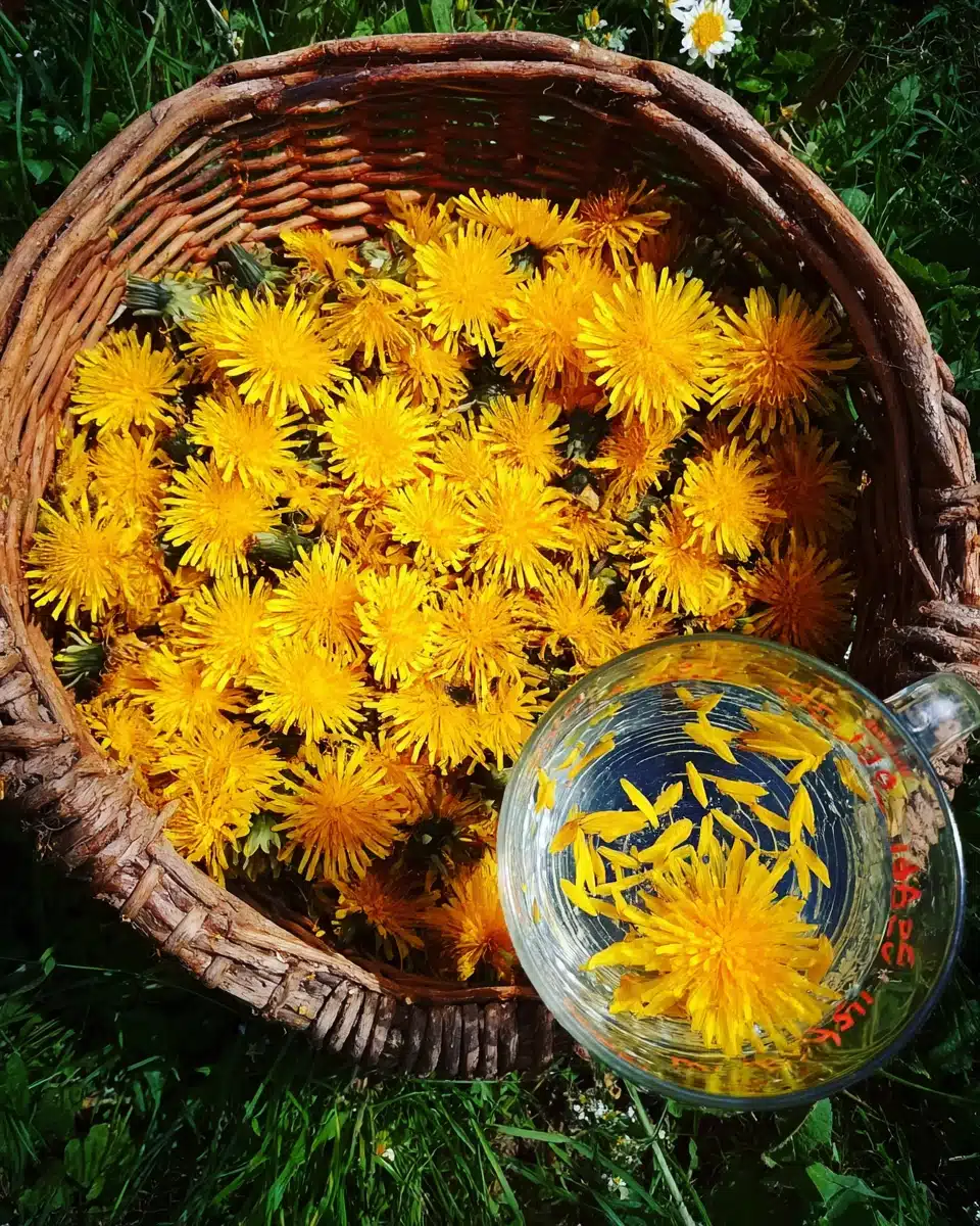 Dandelion flowers for making dandelion jam.
