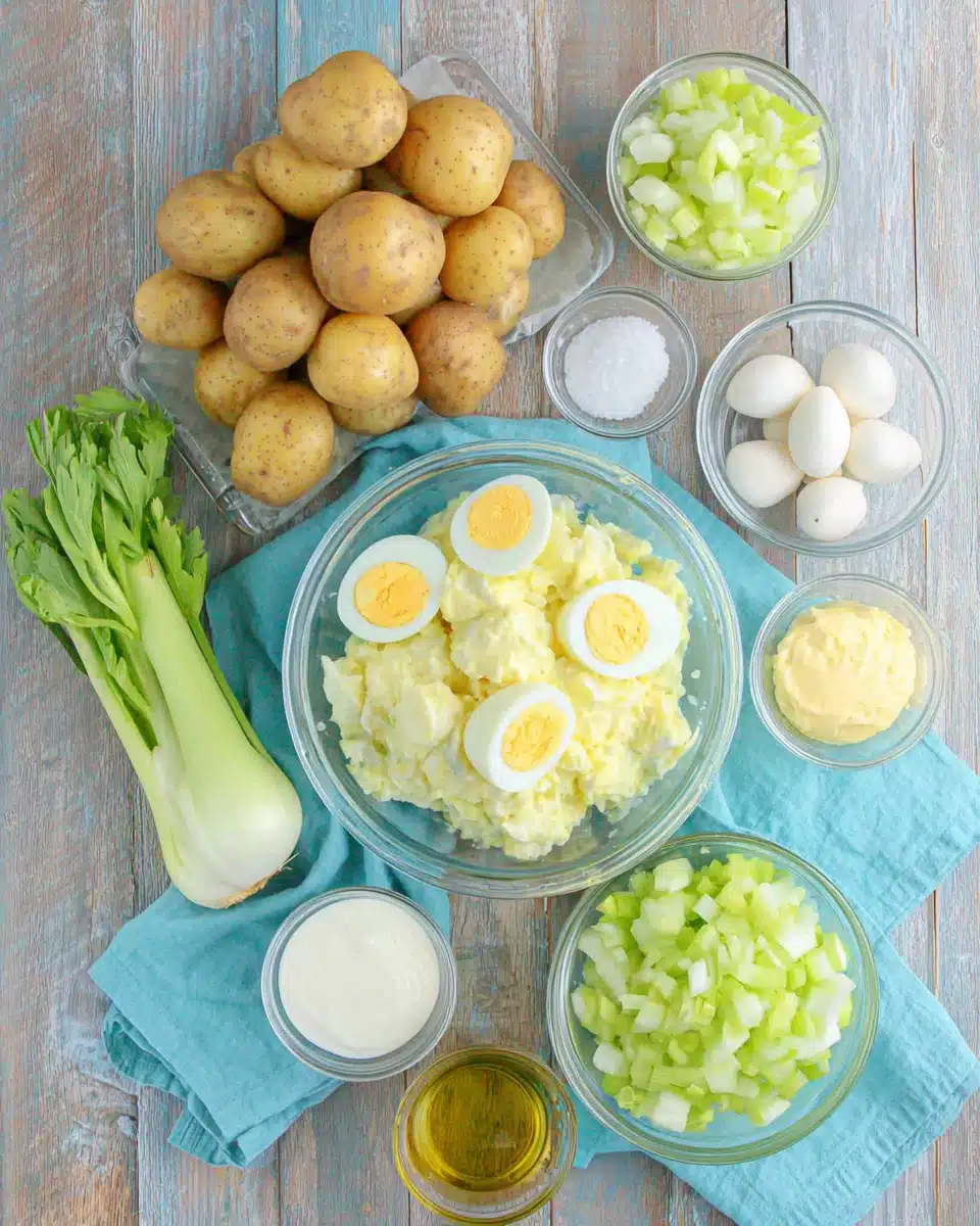 Ingredients for deviled egg potato salad on a table.