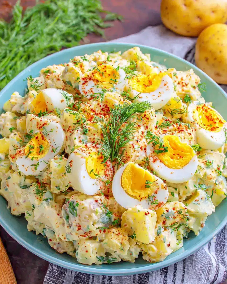 Delicious deviled egg potato salad featuring halved eggs on top.