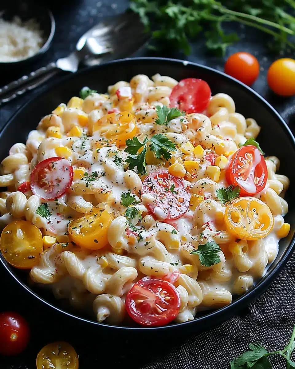 Creamy Elote Pasta Salad Recipe Delicious elote pasta salad with corn and tomatoes.