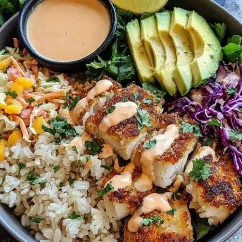 Delicious fish taco bowls with crispy fish and zesty slaw.