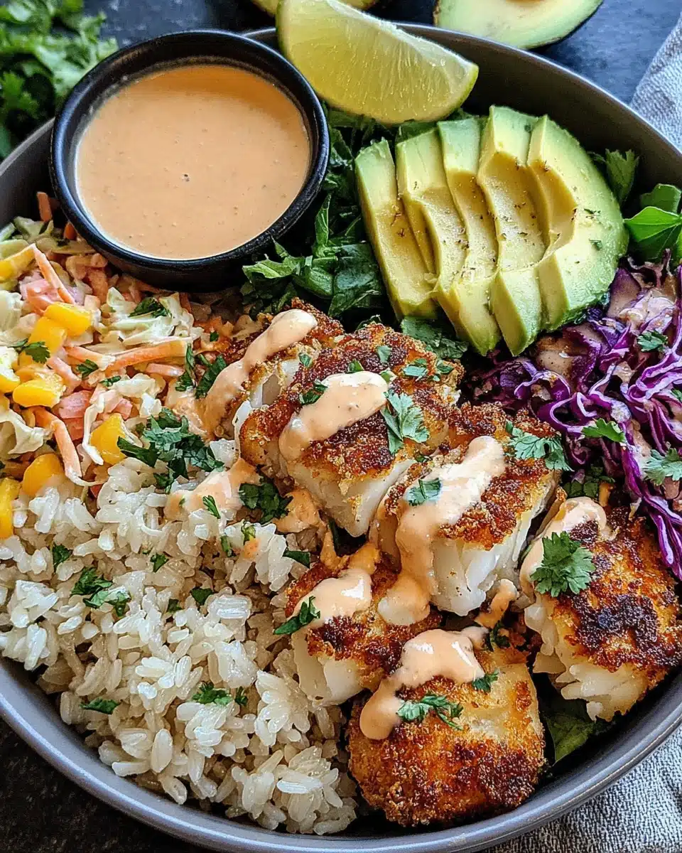 Delicious fish taco bowls with crispy fish and zesty slaw.