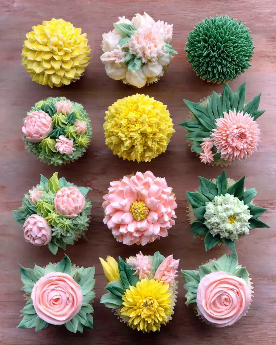 Stunning floral cupcakes decorated with colorful frosting.