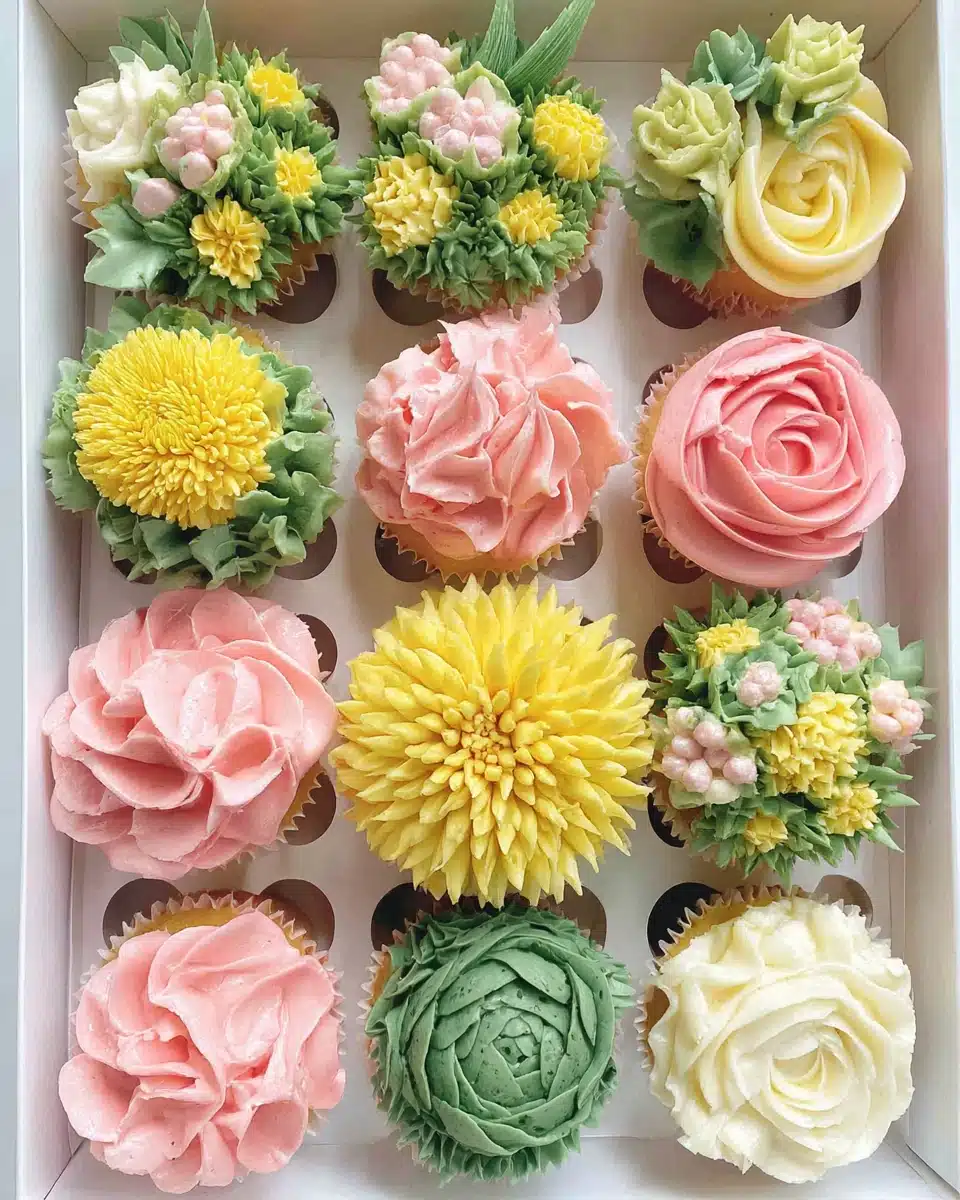 Floral cupcakes topped with colorful buttercream in flower designs.