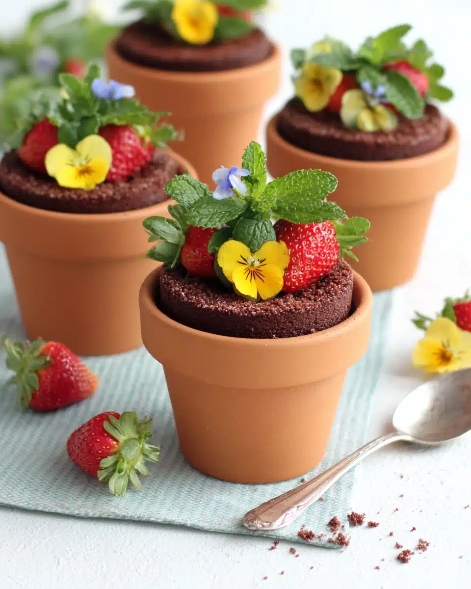 Delightful flower pot cakes topped with fresh fruit and chocolate crumbs.