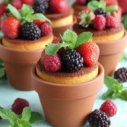 Flower pot cakes decorated with fruits and flowers.