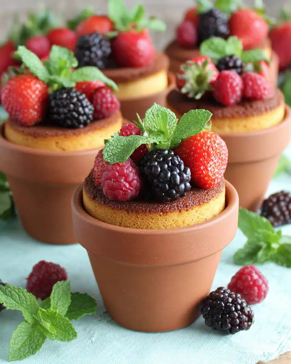 Flower pot cakes decorated with fruits and flowers.