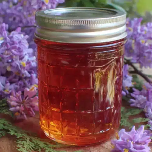 Forsythia jelly in a jar with flowers around it.