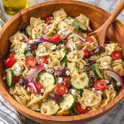 Delicious Greek pasta salad with feta and fresh vegetables