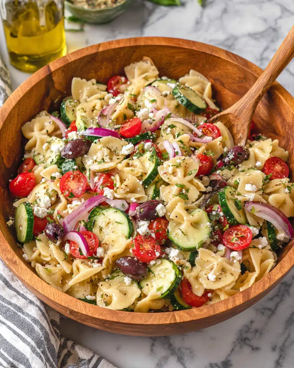 Delicious Greek pasta salad with feta and fresh vegetables