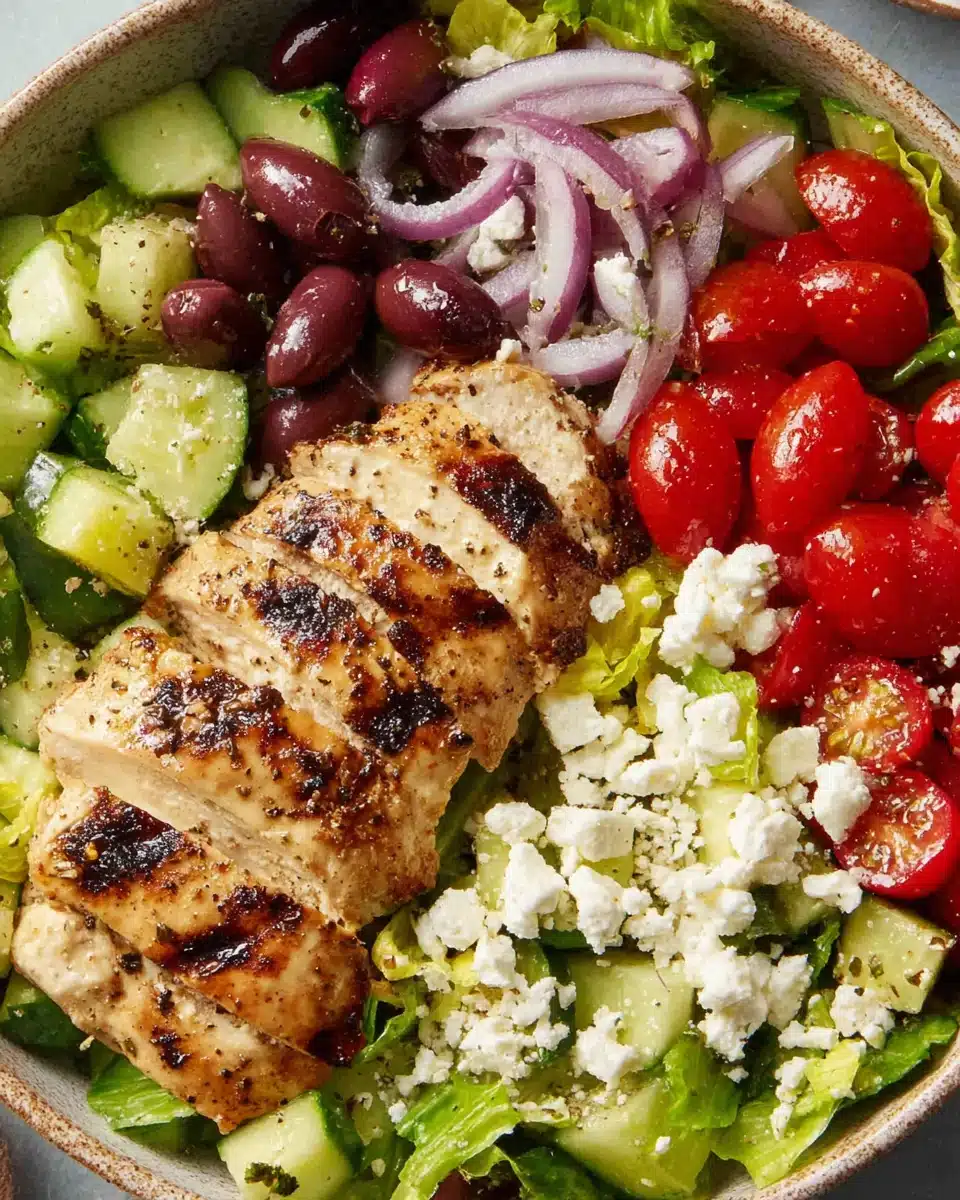 Greek salad with chicken, feta, cucumbers, and tomatoes.