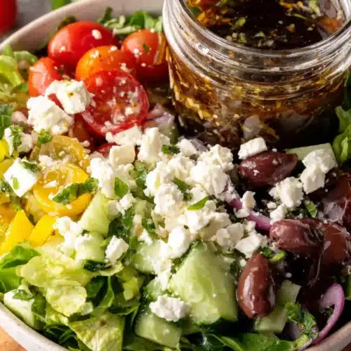 Delicious Greek salad with feta and olives.