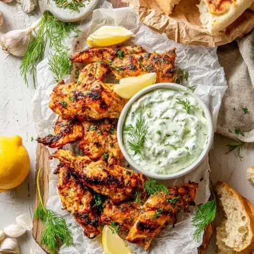 Grilled chicken with tzatziki sauce for a delightful meal.