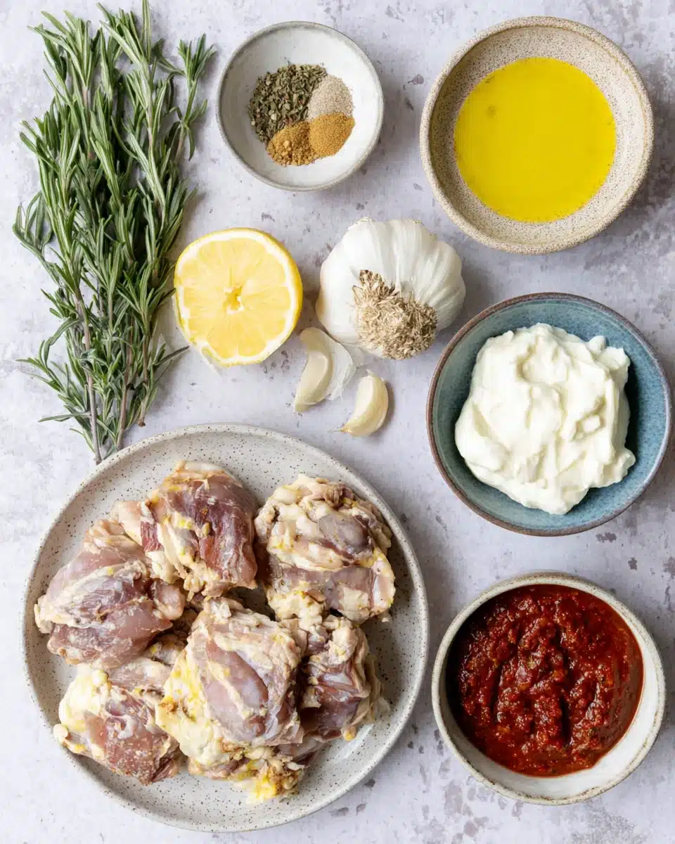 Grilled chicken ingredients like thighs, spices, and tzatziki sauce.