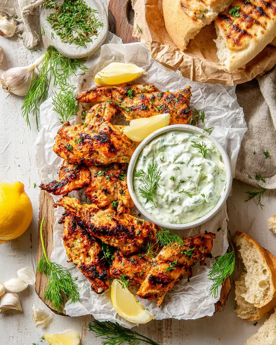 Grilled chicken with tzatziki sauce for a delightful meal.
