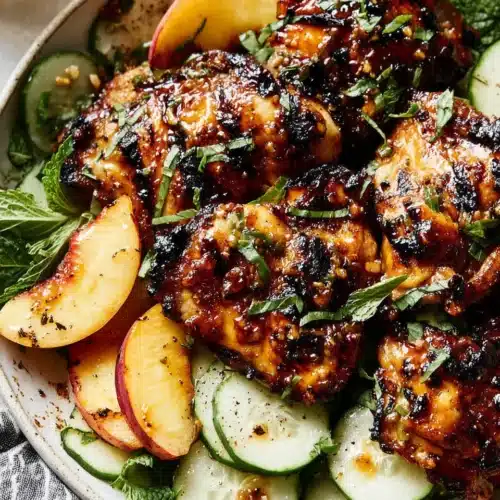 Grilled Honey Mustard Chicken: A Delicious Family Favorite 1 Grilled honey mustard chicken with cucumber and peach slices
