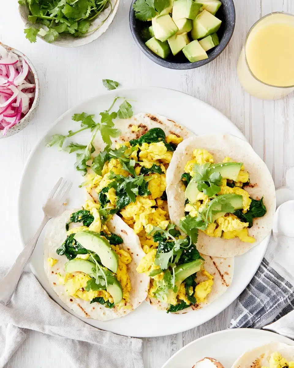 Healthy breakfast featuring scrambled eggs with spinach and avocado