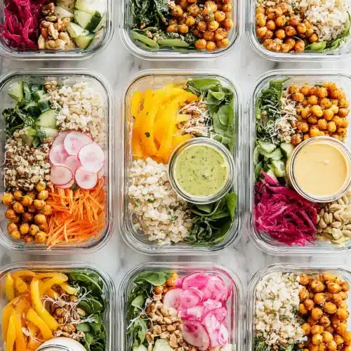 Healthy lunch ideas featuring colorful grain bowls and veggies.