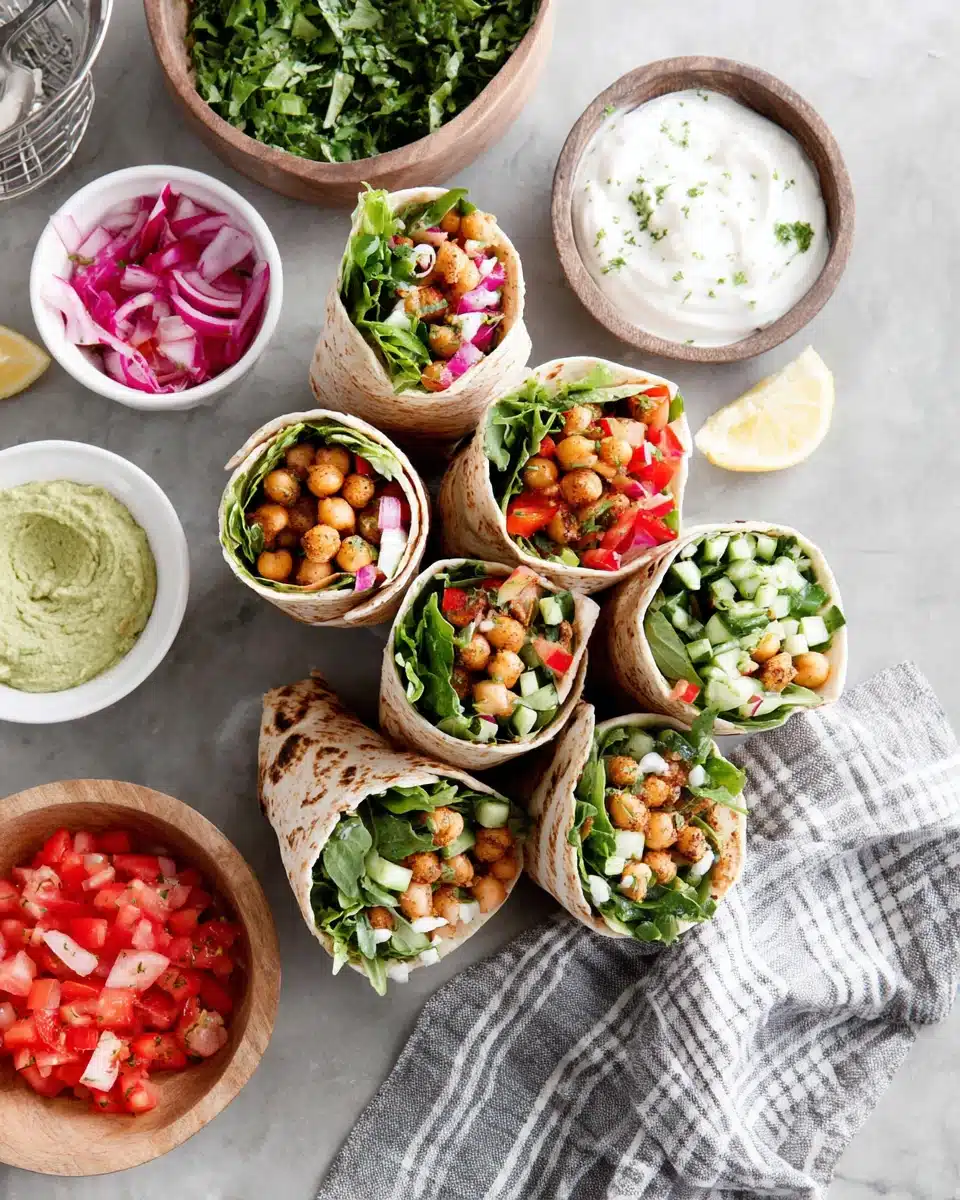 Delicious healthy lunch wraps with chickpeas and fresh veggies.