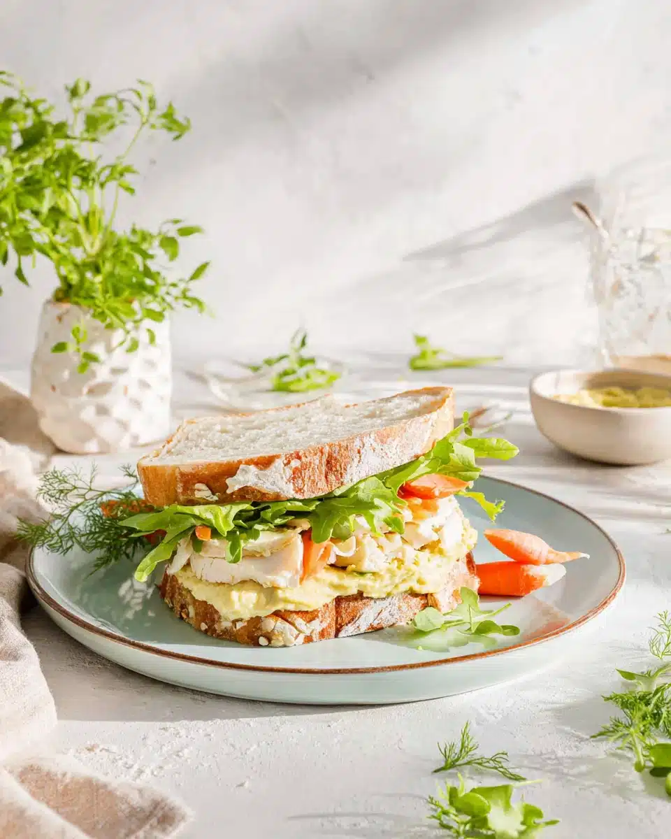 Healthy lunch with turkey sandwich and veggies