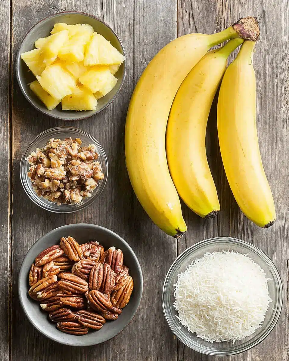 Delicious hummingbird cupcakes ingredients including bananas, pineapple, and pecans.
