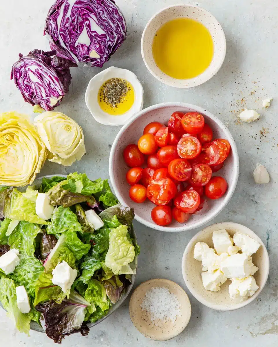 Italian chopped salad ingredients including vegetables and cheese