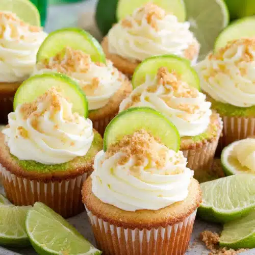 Delicious key lime cupcakes with lime frosting and crumbs.